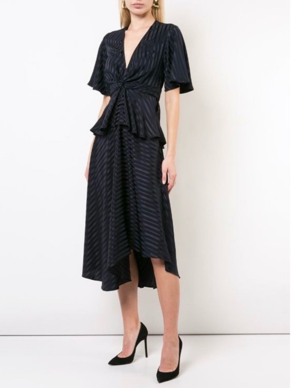 A.L.C. Avi Silk Twist Front Asymmetrical Midi Dress Size 8 Navy Blue